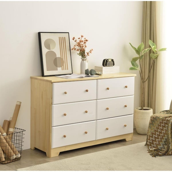 Better Home Products PINE-6D-DD-WHT-NAT Solid Pine Wood 6 Drawer Double Dresser, Natural & White - PINE-6D-DD-WHT/NAT