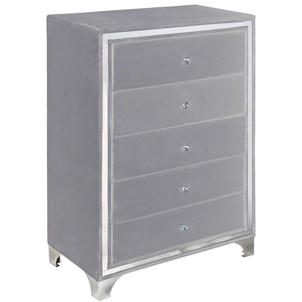 Better Home Monica Velvet Upholstered 5 Drawer Chest Dresser, Gray - MONICA-CHST-GRY