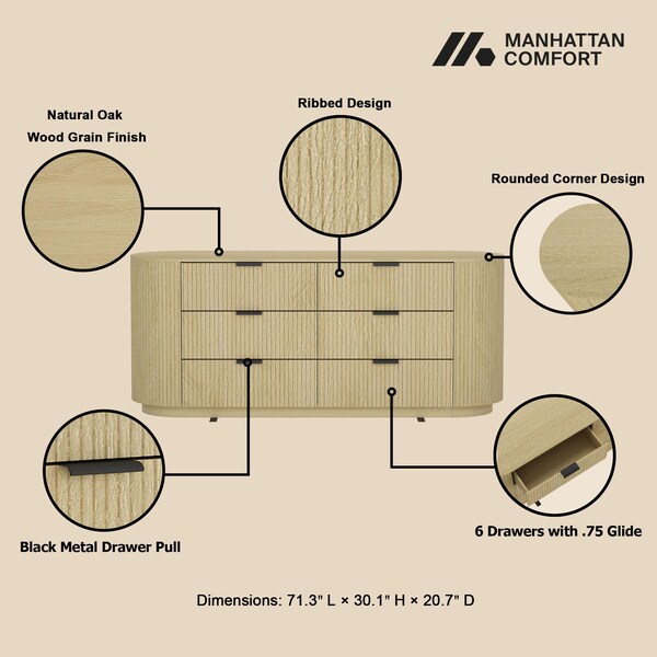 Manhattan Comfort Olivia 60in Double Dresser in Natural Oak and Black - DR010-NO