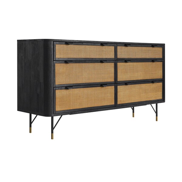 Armen Living Saratoga 6 Drawer Dresser in Black Acacia with Rattan - LCSRDRBL