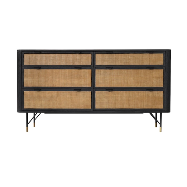Armen Living Saratoga 6 Drawer Dresser in Black Acacia with Rattan - LCSRDRBL
