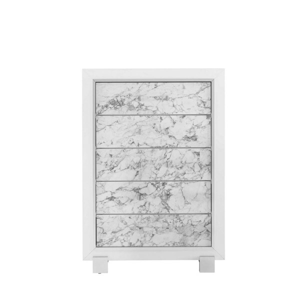 Gfancy Fixtures Modern Chest with 5 Faux Marble Detailed Front Drawer, White - GF3654772
