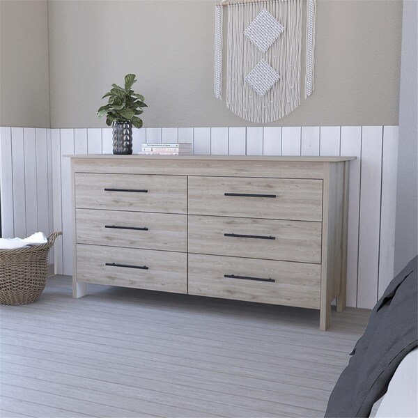 Gfancy Fixtures 32 in. Manufactured Wood Six Drawer Double Dresser, Light Gray - GF3099964