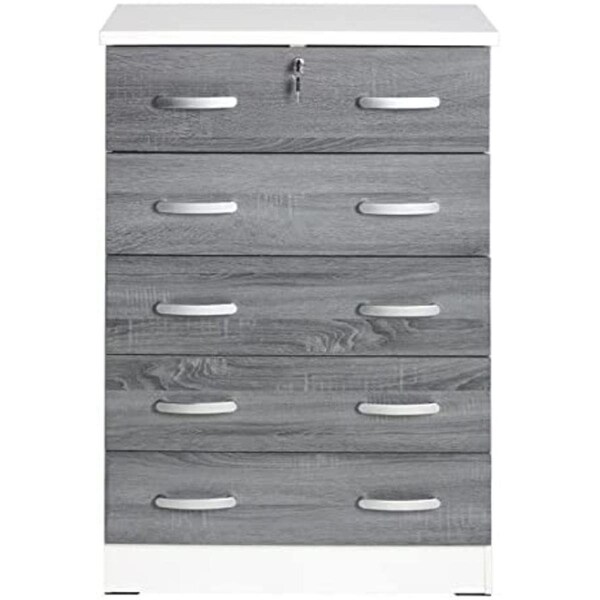 Better Home WC5-Wht-Gry Cindy 5 Drawer Chest Wooden Dresser with Lock, White & Gray - WC5-WHT/GRY