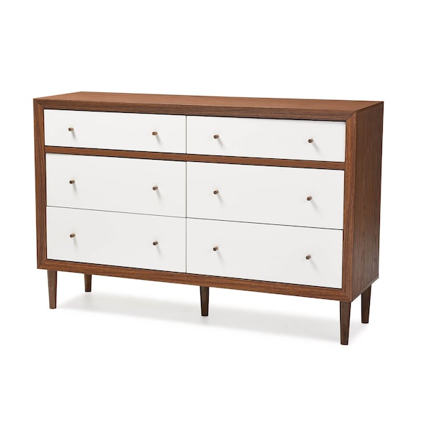 Baxton Studio Harlow Mid-century Modern White and Walnut Wood 6-drawer Dresser - 121-6781