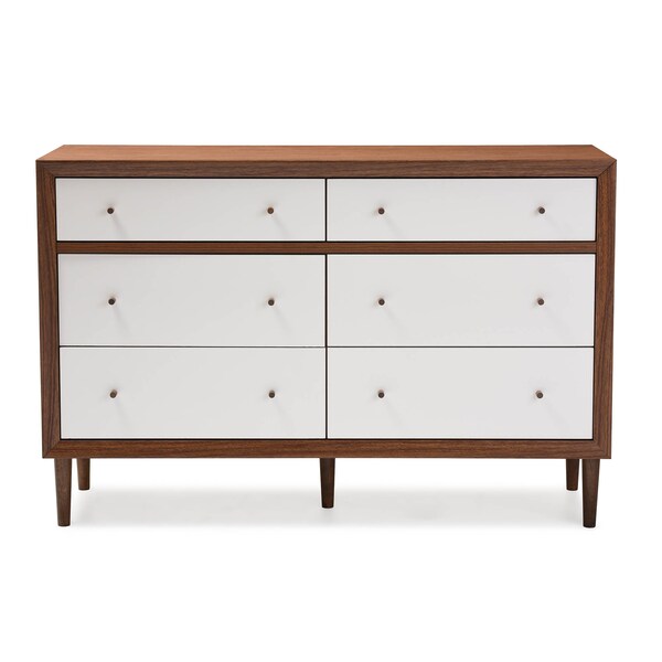 Baxton Studio Harlow Mid-century Modern White and Walnut Wood 6-drawer Dresser - 121-6781
