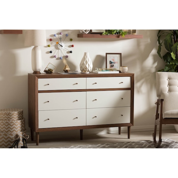Baxton Studio Harlow Mid-century Modern White and Walnut Wood 6-drawer Dresser - 121-6781