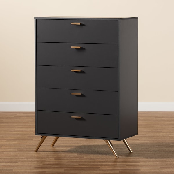Baxton Studio Kelson Modern and Contemporary Dark Grey and Gold Finished Wood 5-Drawer Chest - 189-11575-ZORO