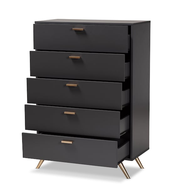 Baxton Studio Kelson Modern and Contemporary Dark Grey and Gold Finished Wood 5-Drawer Chest - 189-11575-ZORO