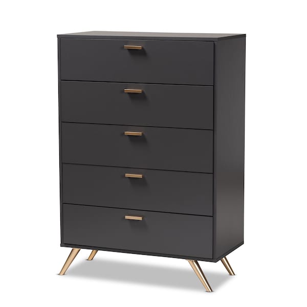 Baxton Studio Kelson Modern and Contemporary Dark Grey and Gold Finished Wood 5-Drawer Chest - 189-11575-ZORO