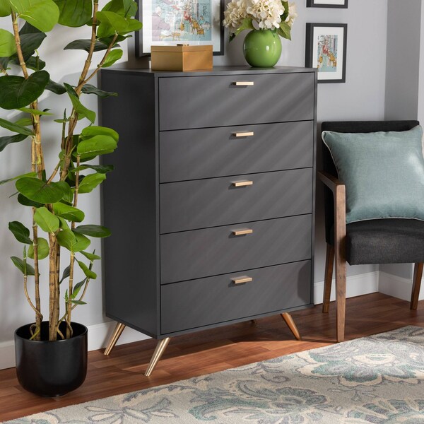 Baxton Studio Kelson Modern and Contemporary Dark Grey and Gold Finished Wood 5-Drawer Chest - 189-11575-ZORO