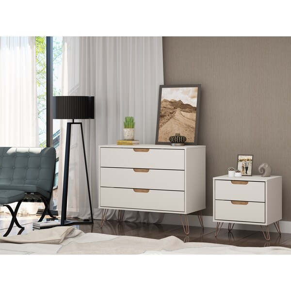 Manhattan Comfort Rockefeller Dresser and Nightstand Set, Off White and Nature - 104GMC3