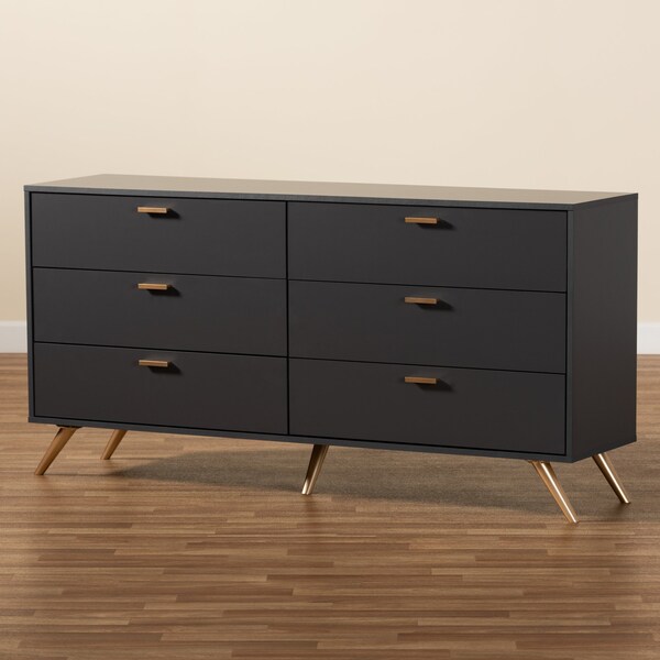 Baxton Studio Kelson Modern and Contemporary Dark Grey and Gold Finished Wood 6-Drawer Dresser - 189-11576-ZORO
