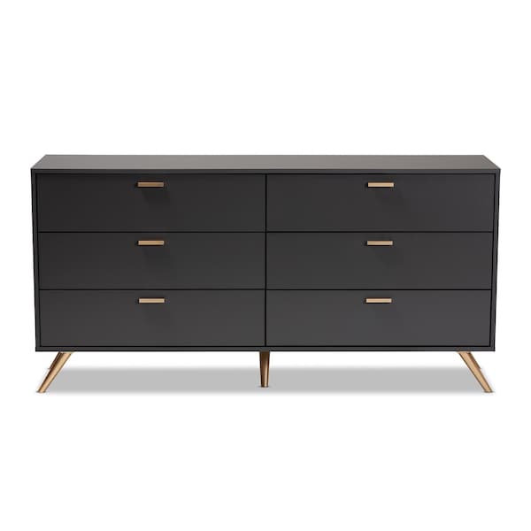 Baxton Studio Kelson Modern and Contemporary Dark Grey and Gold Finished Wood 6-Drawer Dresser - 189-11576-ZORO