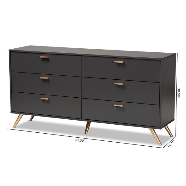 Baxton Studio Kelson Modern and Contemporary Dark Grey and Gold Finished Wood 6-Drawer Dresser - 189-11576-ZORO