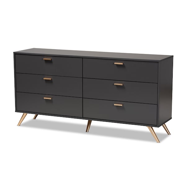 Baxton Studio Kelson Modern and Contemporary Dark Grey and Gold Finished Wood 6-Drawer Dresser - 189-11576-ZORO
