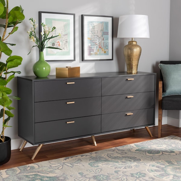 Baxton Studio Kelson Modern and Contemporary Dark Grey and Gold Finished Wood 6-Drawer Dresser - 189-11576-ZORO