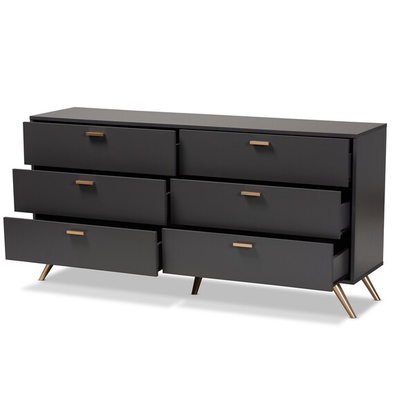 Baxton Studio Kelson Modern and Contemporary Dark Grey and Gold Finished Wood 6-Drawer Dresser - 189-11576-ZORO