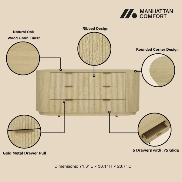 Manhattan Comfort Olivia 60in Double Dresser in Natural Oak and Gold - DR010-GNO