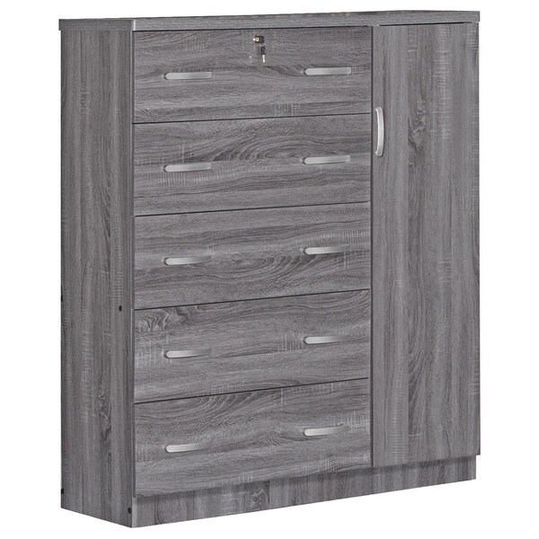 Better Home Products JCF Sofie 5 Drawer Wooden Tall Chest Wardrobe, Gray - JCF-N-GRY
