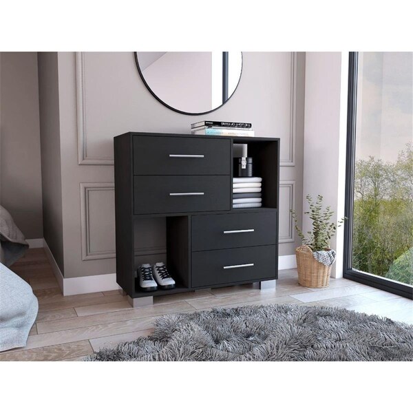 Homeroots 35 in. Manufactured Wood Four Drawer Dresser with Cubes, Black - 477788