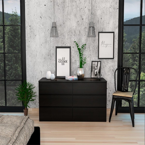 Depot E-Shop Cocora 6 Drawer Double Dresser with Superior Top, Black - DE-CLW5956