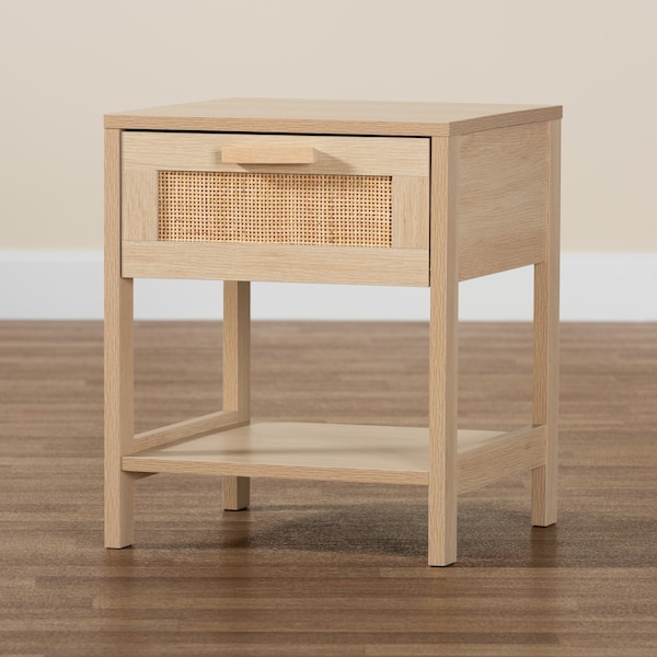 Baxton Studio Sebille Mid-Century Modern Light Brown Finished Wood 1-Drawer Nightstand with Natural Rattan - 207-12463
