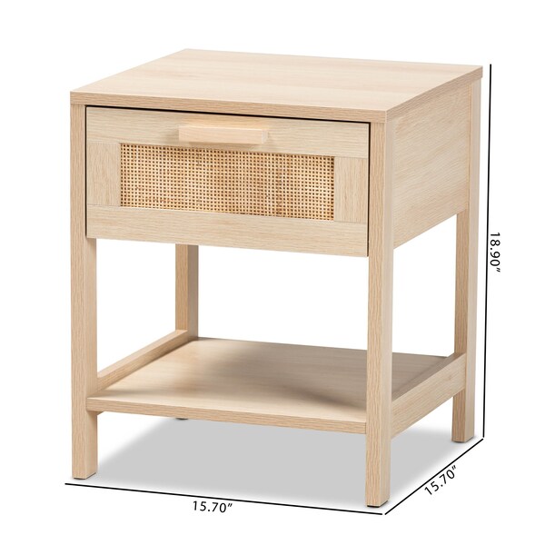 Baxton Studio Sebille Mid-Century Modern Light Brown Finished Wood 1-Drawer Nightstand with Natural Rattan - 207-12463