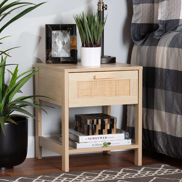 Baxton Studio Sebille Mid-Century Modern Light Brown Finished Wood 1-Drawer Nightstand with Natural Rattan - 207-12463