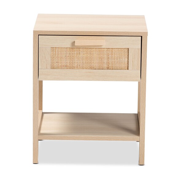 Baxton Studio Sebille Mid-Century Modern Light Brown Finished Wood 1-Drawer Nightstand with Natural Rattan - 207-12463