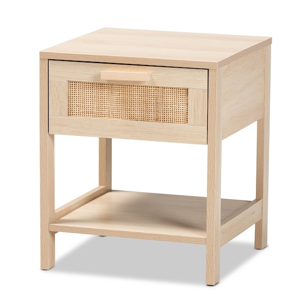 Baxton Studio Sebille Mid-Century Modern Light Brown Finished Wood 1-Drawer Nightstand with Natural Rattan - 207-12463