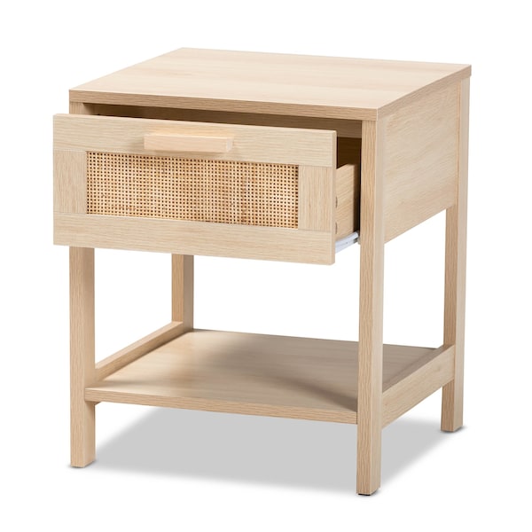 Baxton Studio Sebille Mid-Century Modern Light Brown Finished Wood 1-Drawer Nightstand with Natural Rattan - 207-12463