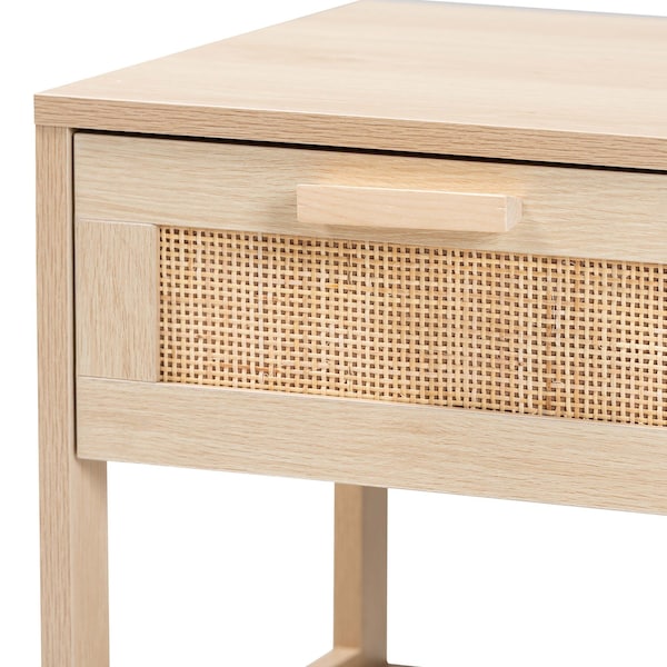 Baxton Studio Sebille Mid-Century Modern Light Brown Finished Wood 1-Drawer Nightstand with Natural Rattan - 207-12463