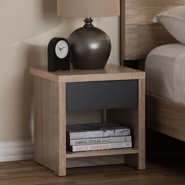 Baxton Studio Jamie Modern Two-Tone Oak and Grey Wood 1-Drawer 1-Shelf Nightstand - 138-7708