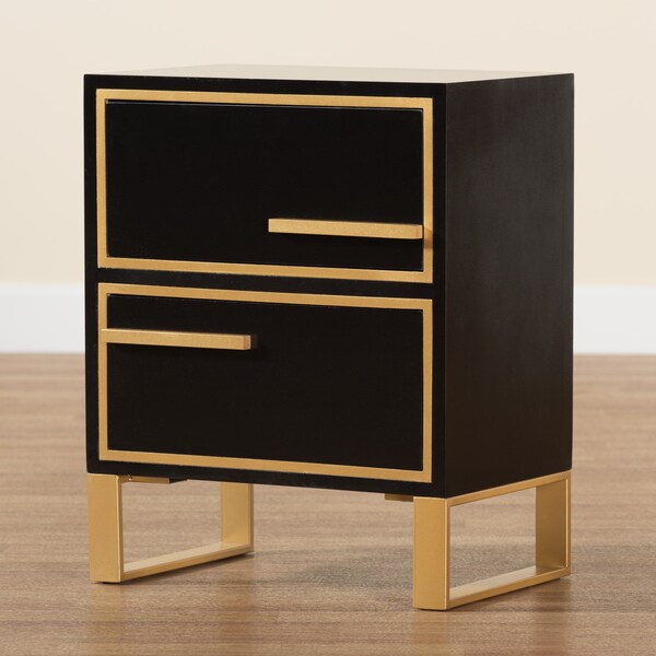 Baxton Studio Giolla Contemporary Glam and Luxe Black Finished Wood and Gold Metal 2Drawer Nightstand - 221-12456-ZORO