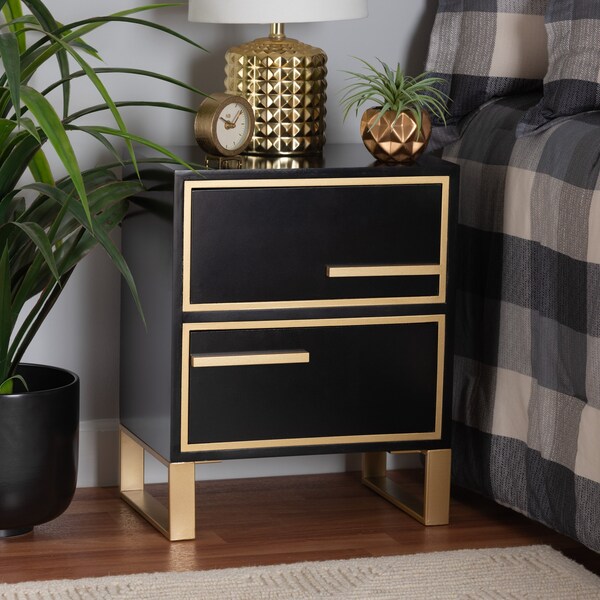 Baxton Studio Giolla Contemporary Glam and Luxe Black Finished Wood and Gold Metal 2Drawer Nightstand - 221-12456-ZORO