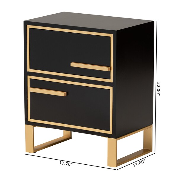Baxton Studio Giolla Contemporary Glam and Luxe Black Finished Wood and Gold Metal 2Drawer Nightstand - 221-12456-ZORO