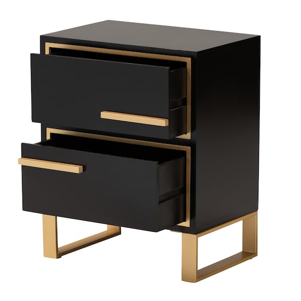 Baxton Studio Giolla Contemporary Glam and Luxe Black Finished Wood and Gold Metal 2Drawer Nightstand - 221-12456-ZORO