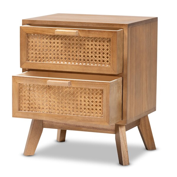 Baxton Studio Baden Mid-Century Modern Walnut Brown Finished Wood 2-Drawer Nightstand with Rattan - 201-12260