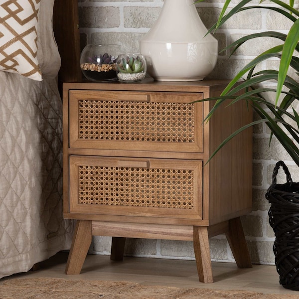 Baxton Studio Baden Mid-Century Modern Walnut Brown Finished Wood 2-Drawer Nightstand with Rattan - 201-12260