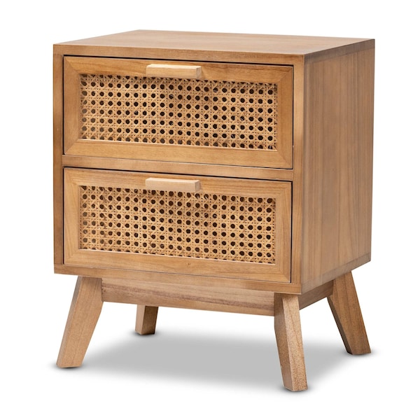 Baxton Studio Baden Mid-Century Modern Walnut Brown Finished Wood 2-Drawer Nightstand with Rattan - 201-12260