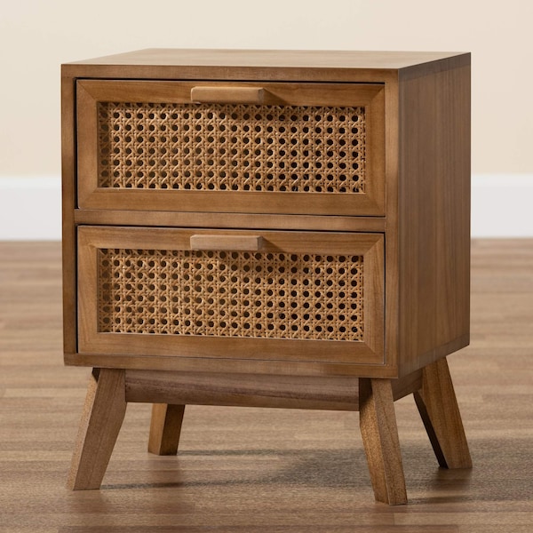 Baxton Studio Baden Mid-Century Modern Walnut Brown Finished Wood 2-Drawer Nightstand with Rattan - 201-12260