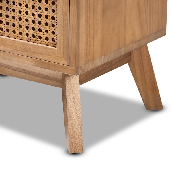 Baxton Studio Baden Mid-Century Modern Walnut Brown Finished Wood 2-Drawer Nightstand with Rattan - 201-12260