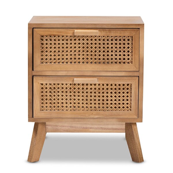 Baxton Studio Baden Mid-Century Modern Walnut Brown Finished Wood 2-Drawer Nightstand with Rattan - 201-12260