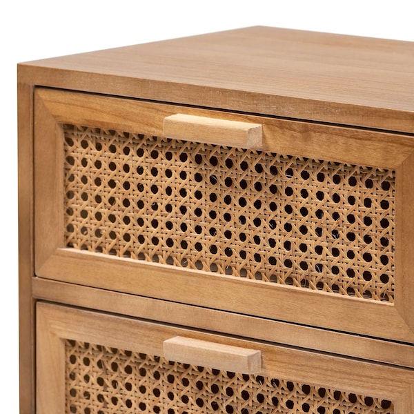 Baxton Studio Baden Mid-Century Modern Walnut Brown Finished Wood 2-Drawer Nightstand with Rattan - 201-12260