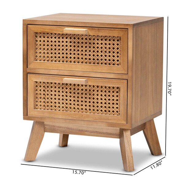 Baxton Studio Baden Mid-Century Modern Walnut Brown Finished Wood 2-Drawer Nightstand with Rattan - 201-12260