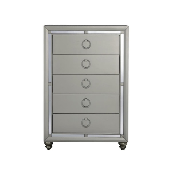 Homeroots Silver Champagne Tone Chest with Mirror Trim Accent 5 Drawers - 383980