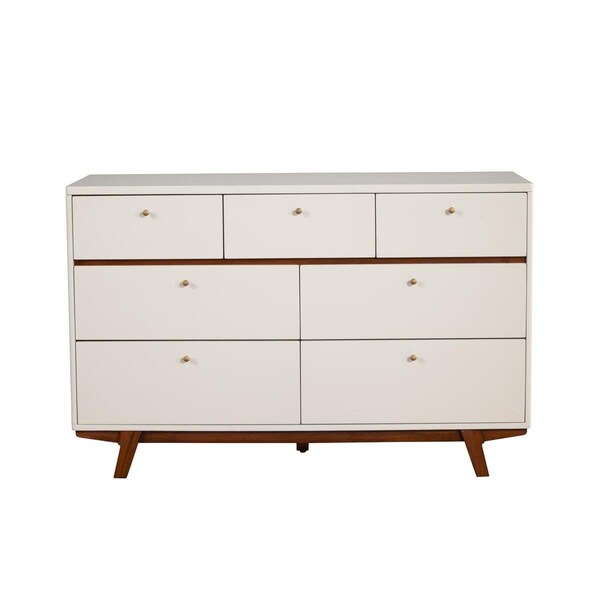 Alpine Furniture Dakota 7 Drawer Dresser, White with Acorn Accents - 36 x 56 x 18 in. - 1974-03