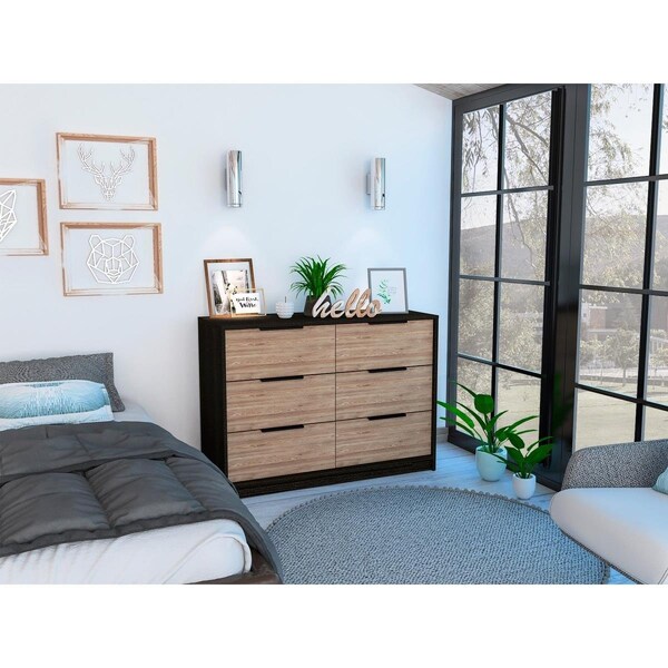 Depot E-Shop Egeo 4 Drawers Dresser with Superior Top, Black & Pine - DE-CWM5566