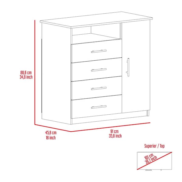Tuhome Peru 4 Drawer Dresser, Single Door Cabinet, One Open Shelf, Superior Top, White - CLB5547